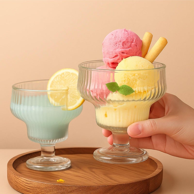 ZAVOOS Set of 6 Glass Ice Cream Bowls, 10 Oz Vintage Heavy Base Footed Dessert Cup Set, Stripes Clear Embossed Glass Serving Bowls for Sundae, Ice Cream, Fruit, Parfait - Image 4