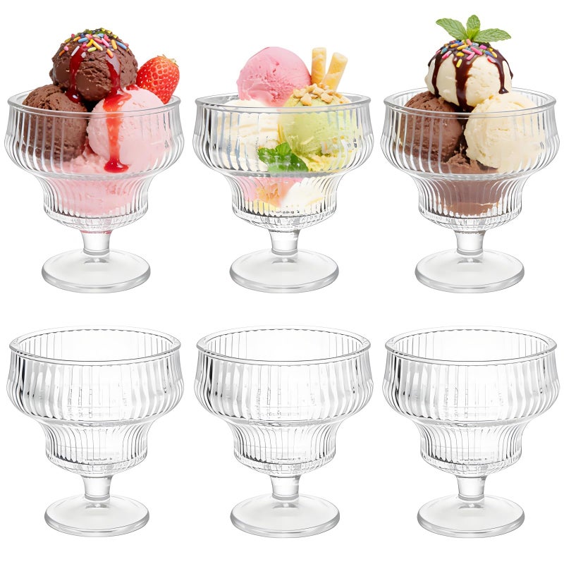 ZAVOOS Set of 6 Glass Ice Cream Bowls, 10 Oz Vintage Heavy Base Footed Dessert Cup Set, Stripes Clear Embossed Glass Serving Bowls for Sundae, Ice Cream, Fruit, Parfait - Image 1