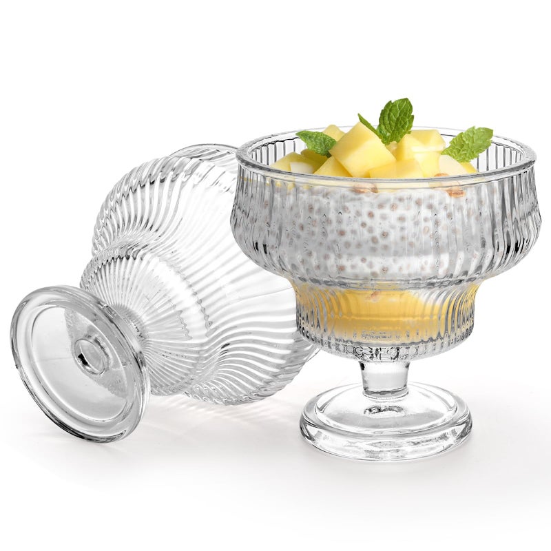 ZAVOOS Set of 6 Glass Ice Cream Bowls, 10 Oz Vintage Heavy Base Footed Dessert Cup Set, Stripes Clear Embossed Glass Serving Bowls for Sundae, Ice Cream, Fruit, Parfait - Image 3