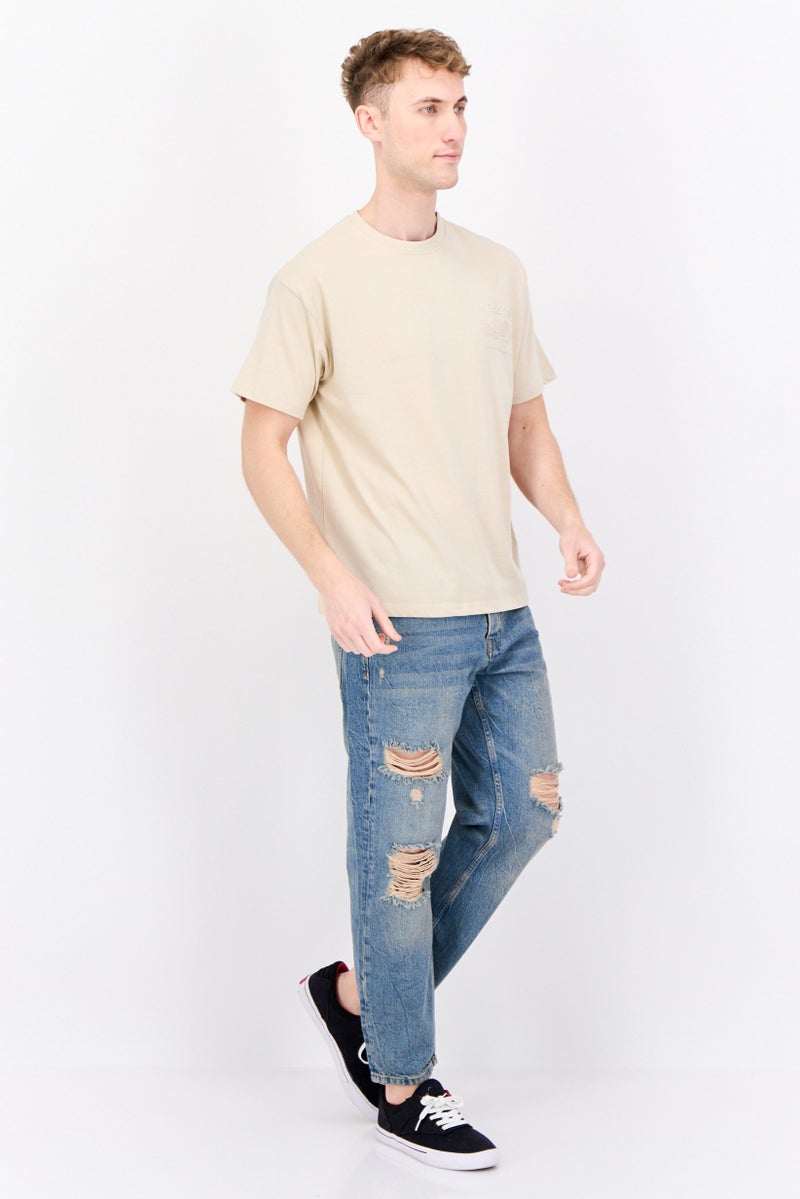 Fudo Men Crew Neck Short Sleeve Brand Logo T-Shirt, Beige - Image 3