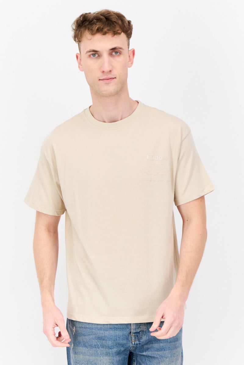 Fudo Men Crew Neck Short Sleeve Brand Logo T-Shirt, Beige - Image 1