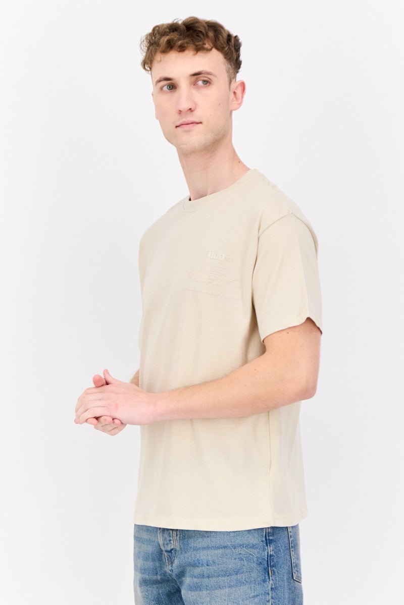 Fudo Men Crew Neck Short Sleeve Brand Logo T-Shirt, Beige - Image 4