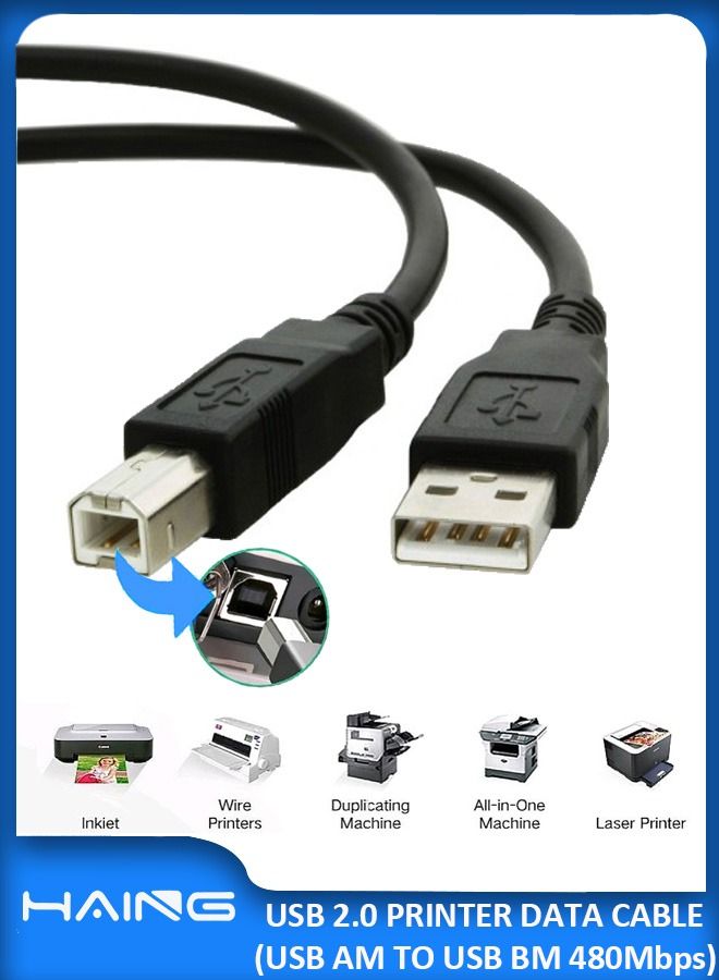 هينغ كابل بيانات طابعة USB 2.0 مطلي بالذهب عيار 24 قيراطًا عالي السرعة 480 ميجابت في الثانية، كابل USB من النوع A ذكر إلى كابل USB من النوع B ذكر للطابعات والماسح الضوئي متوافق مع طابعات MacBook Pro وHP وCanon والمزيد (5 أمتار) - Image 1