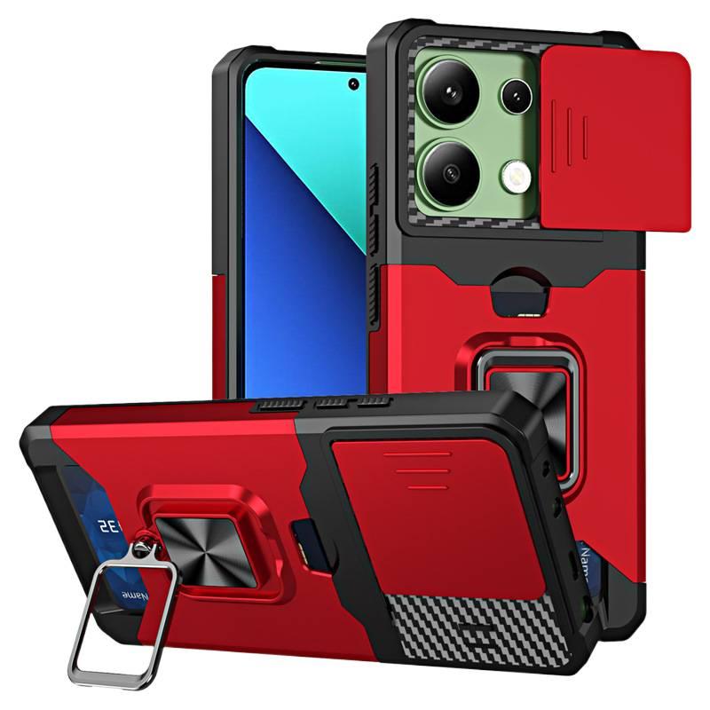 غطاء واقي بTPU+PC لـ Redmi Note 14 مع مقاوم للصدمات وحامل بطاقات مع مقاوم للصدمات مع حماية من السقوط مع حامل قائم باللون أحمر بوظيفة حامل من مادة TPU باللون الأحمر - Image 1