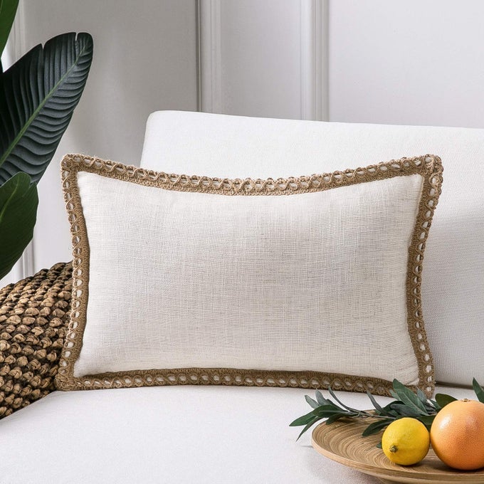 FARMHOUSE SOLID THROW DECORATIVE PILLOW COVER BURLAP LINEN TRIMMED TAILORED EDGES OUTDOOR PILLOW OFF WHITE 1 PACK 12 X 20 INCHES 30 X 50 CM