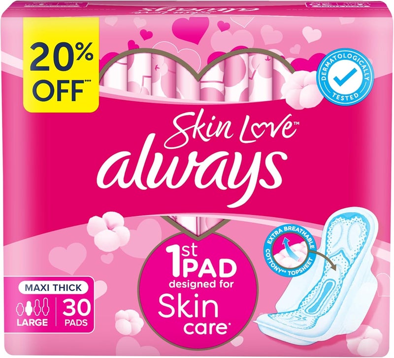 Always Cotton Skin Love Sanitary Pads, 30 Large Thick Pads - Image 1