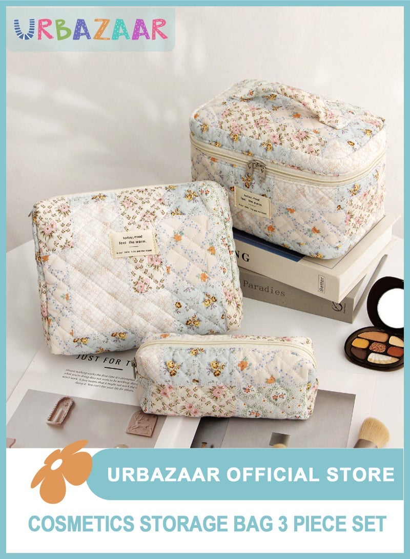 URbazaar 3PCS Makeup Bag Set,Cotton Quilted Makeup Bag,Floral Large Travel Cosmetic Bag,Flower Travel Toiletry Bag, Cute Aesthetic Toiletry Bag for Women Girls - Image 1