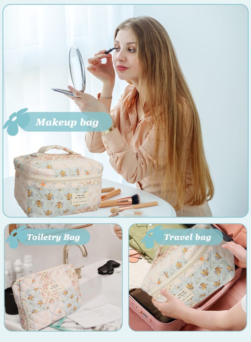 URbazaar 3PCS Makeup Bag Set,Cotton Quilted Makeup Bag,Floral Large Travel Cosmetic Bag,Flower Travel Toiletry Bag, Cute Aesthetic Toiletry Bag for Women Girls - Image 4