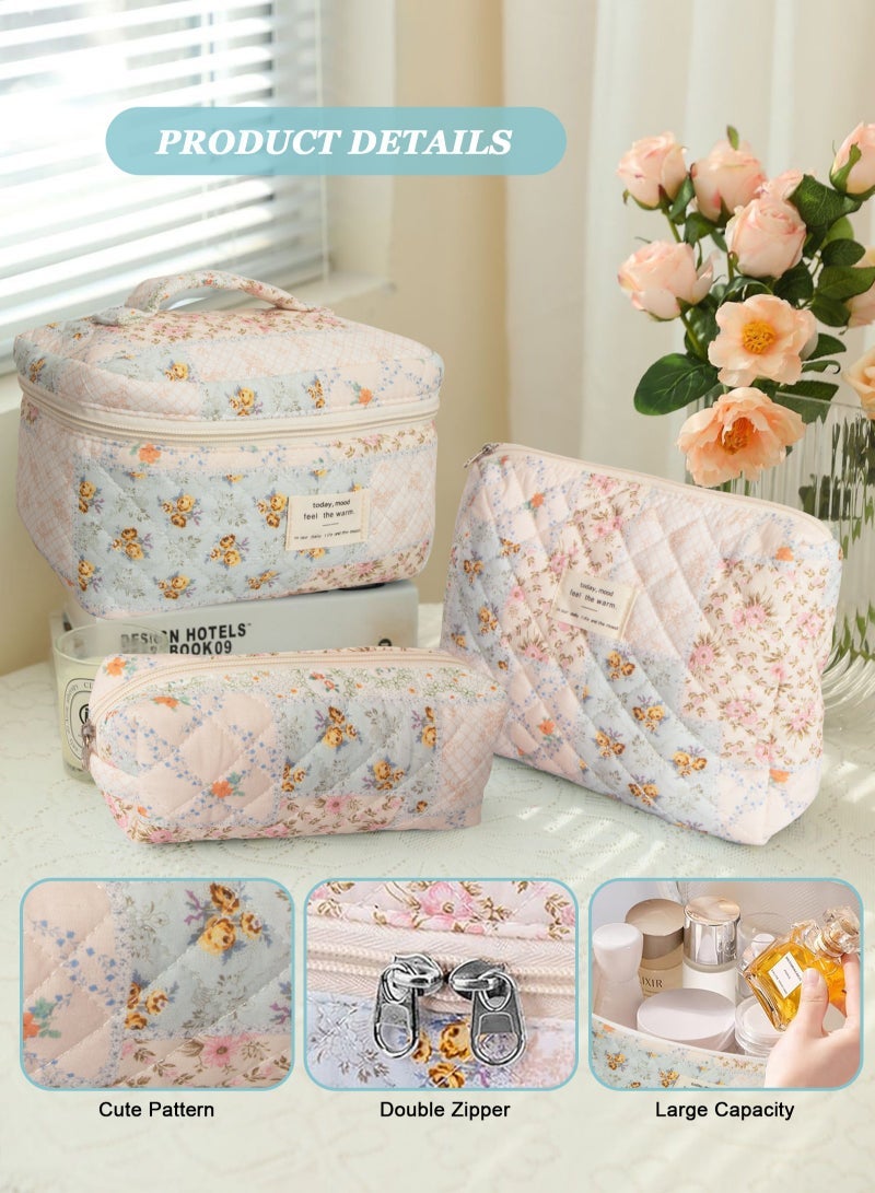 URbazaar 3PCS Makeup Bag Set,Cotton Quilted Makeup Bag,Floral Large Travel Cosmetic Bag,Flower Travel Toiletry Bag, Cute Aesthetic Toiletry Bag for Women Girls - Image 3