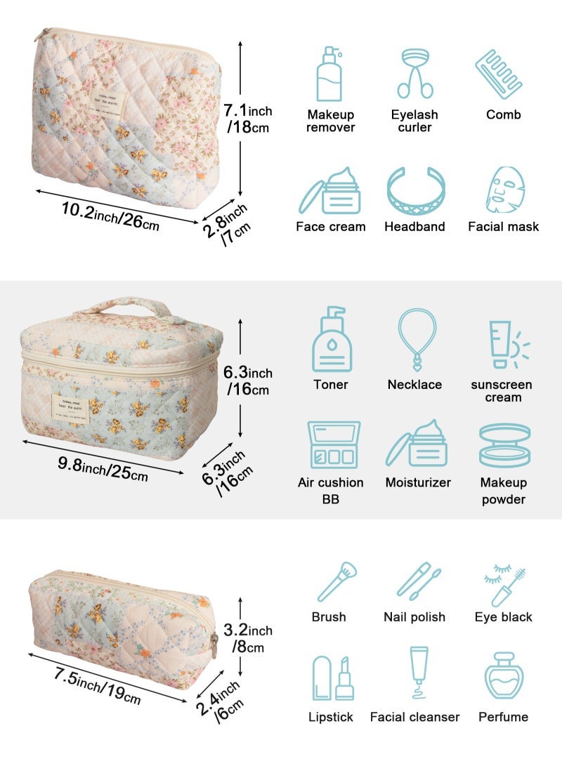 URbazaar 3PCS Makeup Bag Set,Cotton Quilted Makeup Bag,Floral Large Travel Cosmetic Bag,Flower Travel Toiletry Bag, Cute Aesthetic Toiletry Bag for Women Girls - Image 2