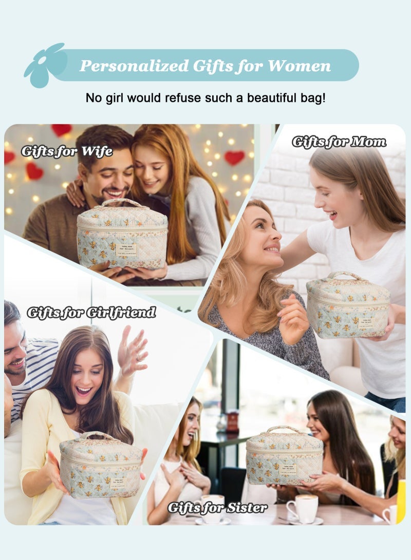 URbazaar 3PCS Makeup Bag Set,Cotton Quilted Makeup Bag,Floral Large Travel Cosmetic Bag,Flower Travel Toiletry Bag, Cute Aesthetic Toiletry Bag for Women Girls - Image 5