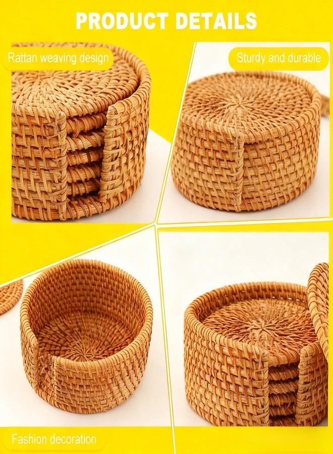 HerFarCai 6 PCS Natural Rattan Coasters Set with Holder｜4 inch Wicker Drink Coasters Set for Protecting Table｜Boho Table Protector Gift & Home Decor - Image 5