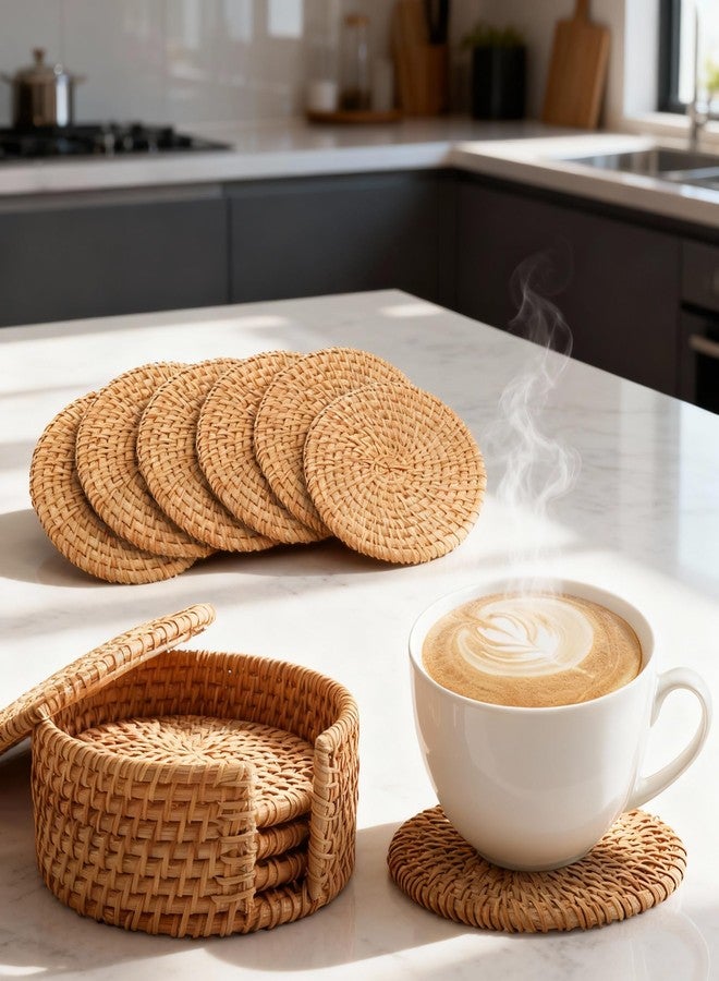 HerFarCai 6 PCS Natural Rattan Coasters Set with Holder｜4 inch Wicker Drink Coasters Set for Protecting Table｜Boho Table Protector Gift & Home Decor - Image 3
