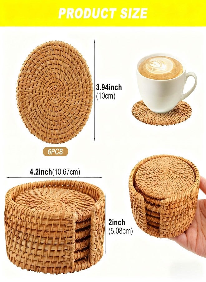 HerFarCai 6 PCS Natural Rattan Coasters Set with Holder｜4 inch Wicker Drink Coasters Set for Protecting Table｜Boho Table Protector Gift & Home Decor - Image 2