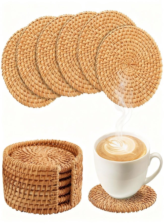 HerFarCai 6 PCS Natural Rattan Coasters Set with Holder｜4 inch Wicker Drink Coasters Set for Protecting Table｜Boho Table Protector Gift & Home Decor - Image 1