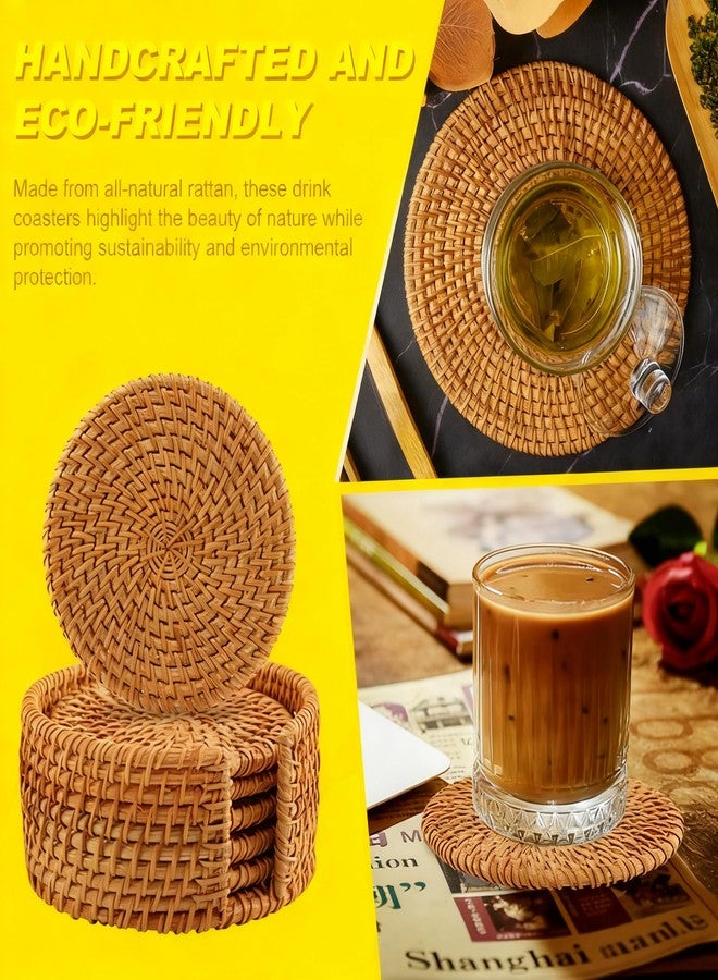 HerFarCai 6 PCS Natural Rattan Coasters Set with Holder｜4 inch Wicker Drink Coasters Set for Protecting Table｜Boho Table Protector Gift & Home Decor - Image 4