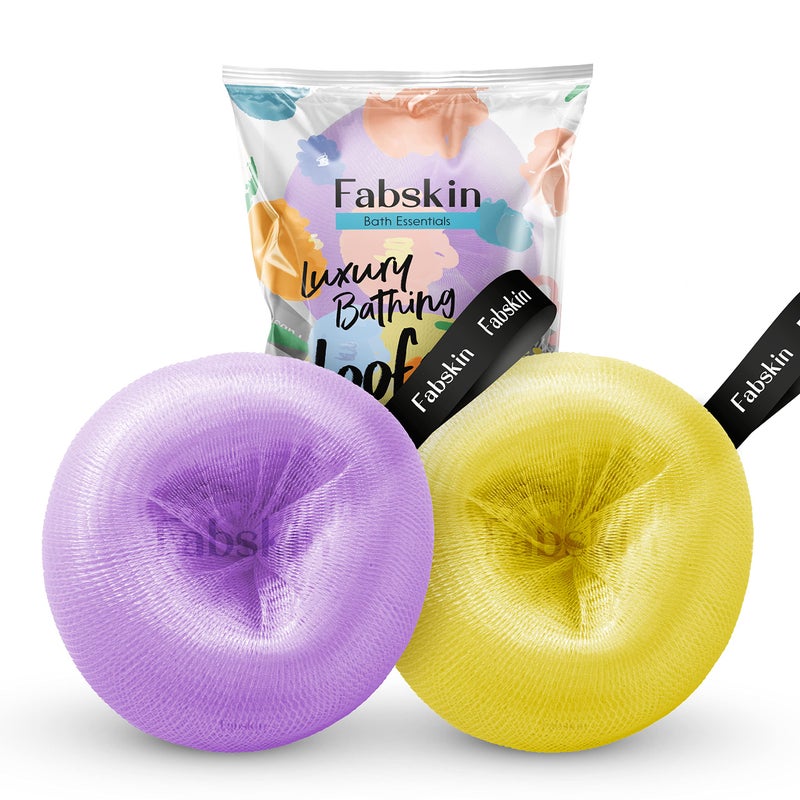 FABSKIN Donuts Loofah for Bathing | Bath Shower Loofah Sponge Scrubber Exfoliator for Women and Men | Bathing Sponge | Body Wash Scrub | Bath Scrubber For Body - Pack of 2 (Purple & Yellow)