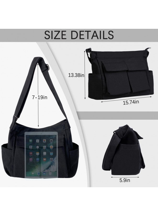 JQWSVE Canvas Shoulder Bag Large Hobo Crossbody Bag with Multiple Pockets Canvas Messenger Tote Bag for Women and Men - Image 4