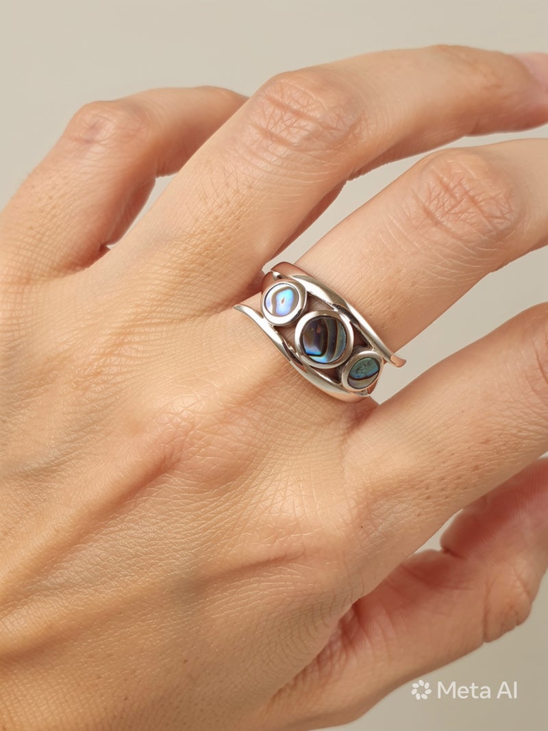 Kanira Premium 925 Sterling Silver Modern Wave Solitaire Ring | Multi Color Shell Round Cabochon Statement Ring | KANIRA | Size 6 - Image 1