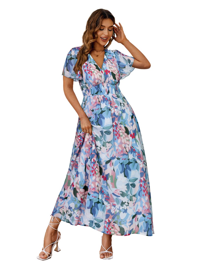 Simplee Apparel Simplee Women Floral Boho Maxi Dress Spring Wedding Guest Empire Waist V Neck Short Sleeve Long Flowy Dresses (L Blue Green Floral) - Image 1