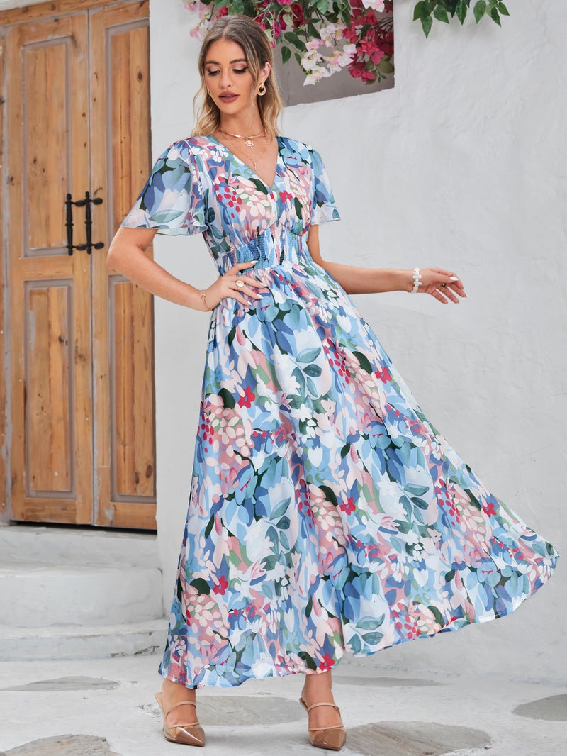 Simplee Apparel Simplee Women Floral Boho Maxi Dress Spring Wedding Guest Empire Waist V Neck Short Sleeve Long Flowy Dresses (L Blue Green Floral) - Image 3