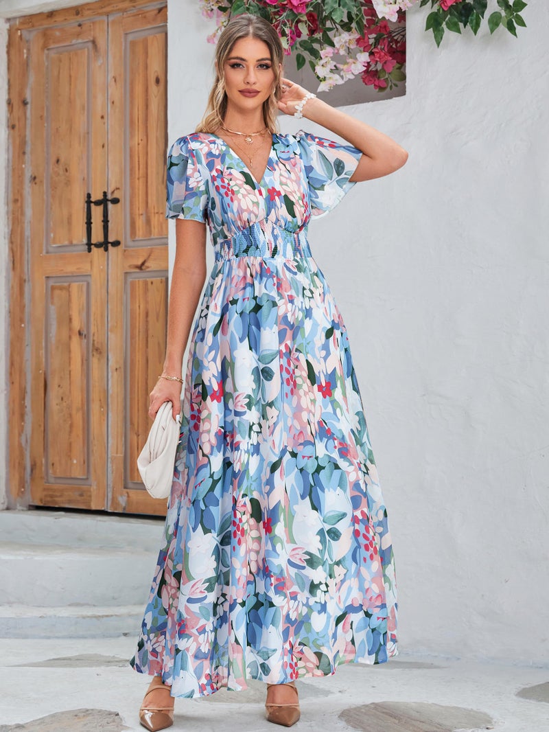 Simplee Apparel Simplee Women Floral Boho Maxi Dress Spring Wedding Guest Empire Waist V Neck Short Sleeve Long Flowy Dresses (L Blue Green Floral) - Image 2