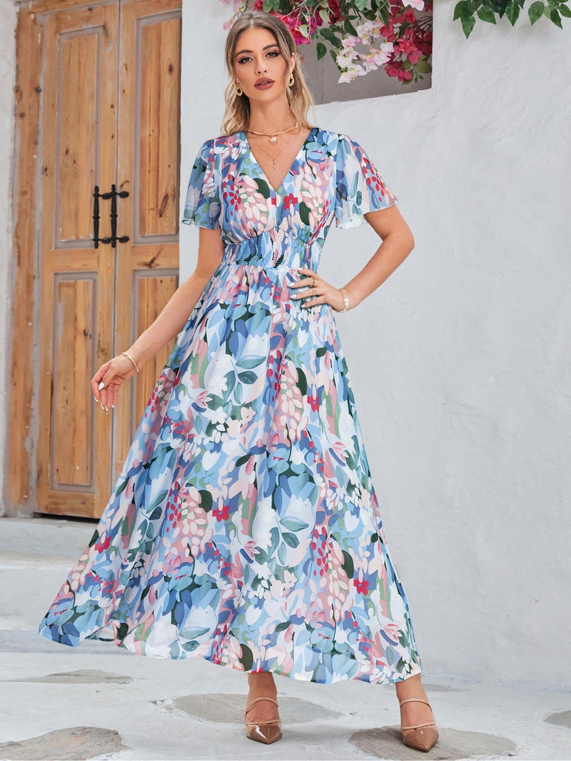 Simplee Apparel Simplee Women Floral Boho Maxi Dress Spring Wedding Guest Empire Waist V Neck Short Sleeve Long Flowy Dresses (L Blue Green Floral) - Image 5