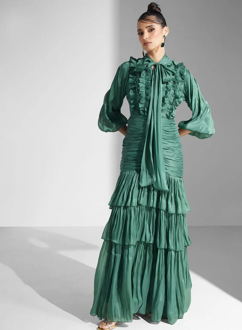 جولدن ابل Tie Neck Puff Sleeve Dress