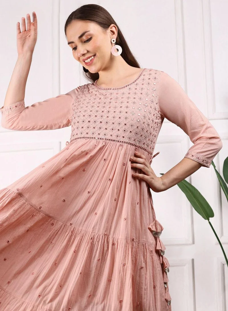 ISHIN Peach Women'S Peach 100% Cotton Self Design Knee Length A-Line Dress for Women | Best Price UAE