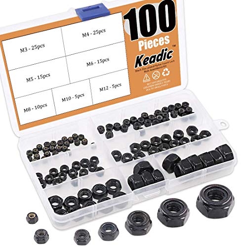 Keadic 100 Pieces Metric Black Zinc Plated Nylon Insert Lock Nuts Assortment Kit for Matching Screws or Bolts - 7 Sizes：M3 M4 M5 M6 M8 M10 M12 - Image 1