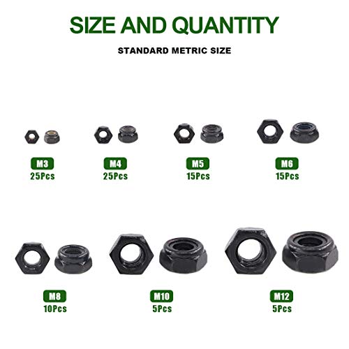 Keadic 100 Pieces Metric Black Zinc Plated Nylon Insert Lock Nuts Assortment Kit for Matching Screws or Bolts - 7 Sizes：M3 M4 M5 M6 M8 M10 M12 - Image 2