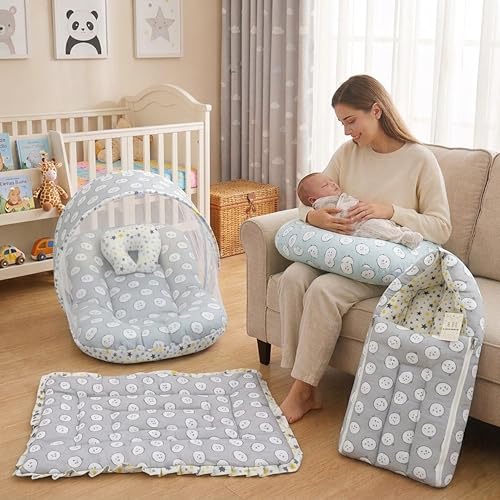 Infantbond by Fareto Baby Bedding Set Essentials Combo | Baby Bed | Carry Bag | Sleeping Bag | Hand Carry Bed | Feeding Pillow (0-6 Months)(All in 1) (Grey Ship) - Image 1