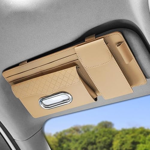DETACHI Car Sun Visor Organizer with Tissue Paper, Sunglass Pen Card Small Document Storage Pouch & PhoneHolder, Leatherette, Multi-Pocket with Zipper Net-(Beige, 18X3X37CM) - Image 5