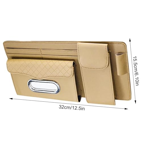 DETACHI Car Sun Visor Organizer with Tissue Paper, Sunglass Pen Card Small Document Storage Pouch & PhoneHolder, Leatherette, Multi-Pocket with Zipper Net-(Beige, 18X3X37CM) - Image 3