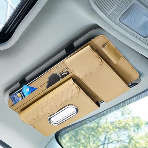 DETACHI Car Sun Visor Organizer with Tissue Paper, Sunglass Pen Card Small Document Storage Pouch & PhoneHolder, Leatherette, Multi-Pocket with Zipper Net-(Beige, 18X3X37CM) - Image 1