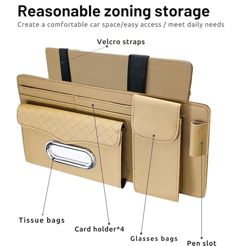 DETACHI Car Sun Visor Organizer with Tissue Paper, Sunglass Pen Card Small Document Storage Pouch & PhoneHolder, Leatherette, Multi-Pocket with Zipper Net-(Beige, 18X3X37CM) - Image 2