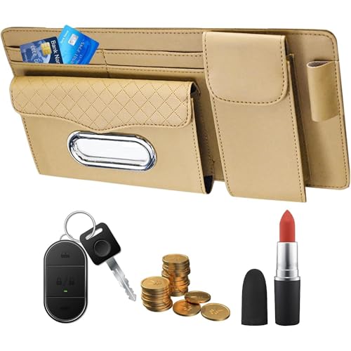 DETACHI Car Sun Visor Organizer with Tissue Paper, Sunglass Pen Card Small Document Storage Pouch & PhoneHolder, Leatherette, Multi-Pocket with Zipper Net-(Beige, 18X3X37CM) - Image 4