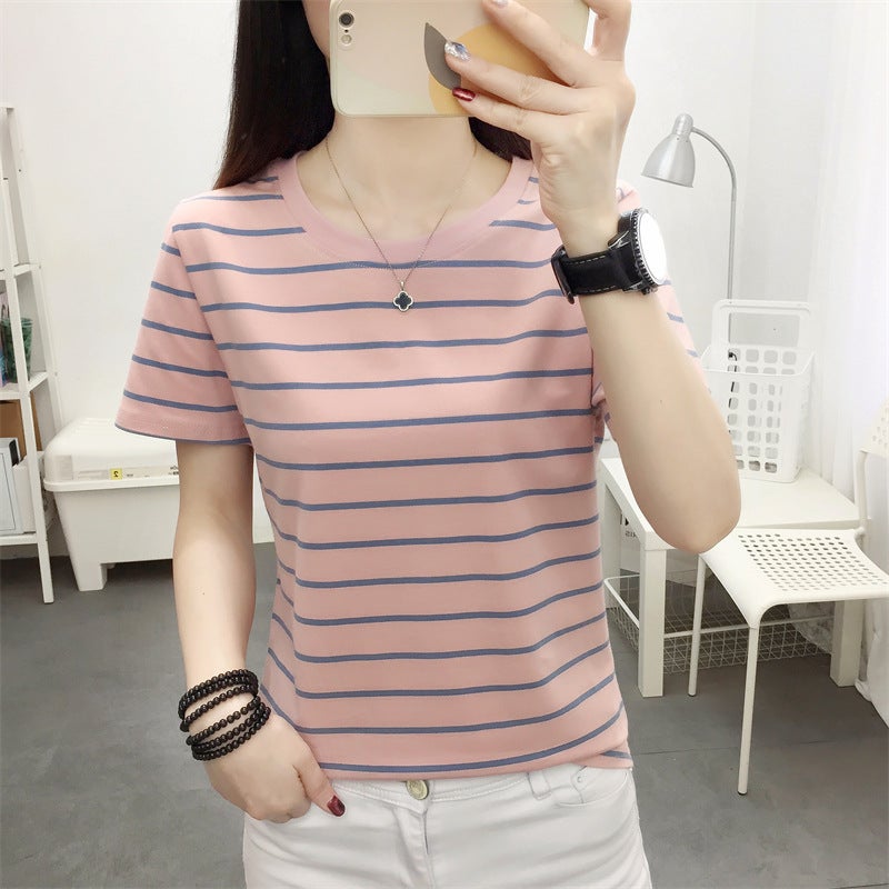 chubby girl plus size Loose Cotton Short-sleeved T-shirt Women's Summer Wear Middle-aged Mom All-match Striped Top Slimming T-shirt - Image 5