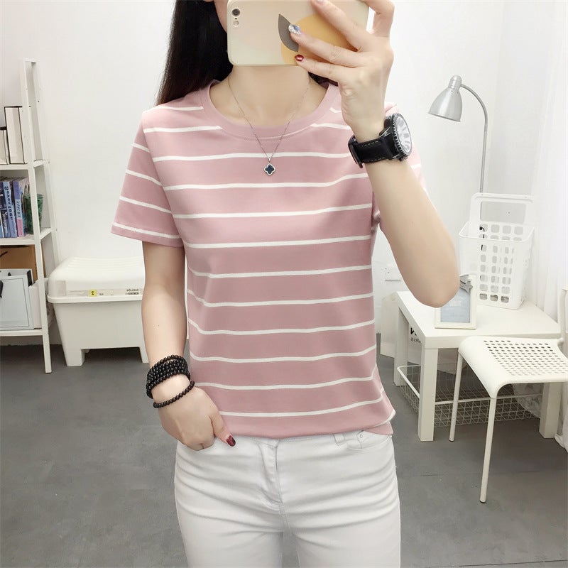 chubby girl plus size Loose Cotton Short-sleeved T-shirt Women's Summer Wear Middle-aged Mom All-match Striped Top Slimming T-shirt - Image 2