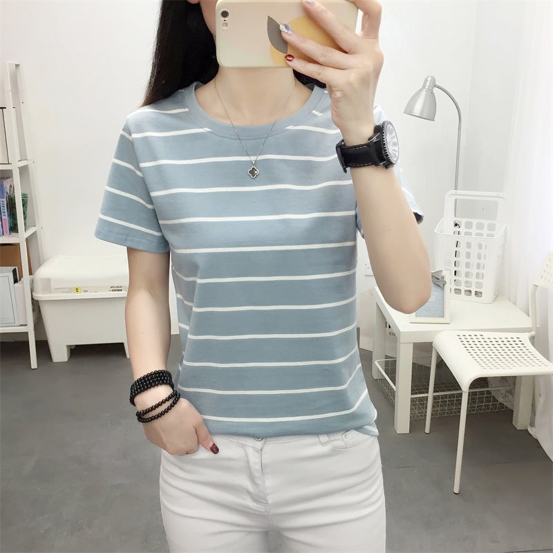 chubby girl plus size Loose Cotton Short-sleeved T-shirt Women's Summer Wear Middle-aged Mom All-match Striped Top Slimming T-shirt - Image 1