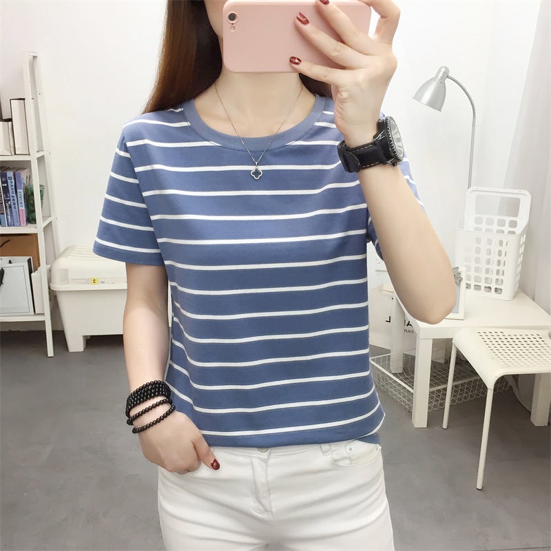 chubby girl plus size Loose Cotton Short-sleeved T-shirt Women's Summer Wear Middle-aged Mom All-match Striped Top Slimming T-shirt - Image 4