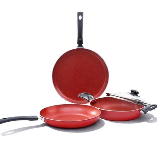 Wonderchef Valencia Non-Stick 4 Pc Cookware Set for Kitchen, Fry Pan 24cm, Kadhai with Glass Lid 24cm, Dosa Tawa 28cm, Non-Toxic PFOA Free, Gas Stove & Induction Friendly, 2-Yr Warranty, Red - Image 1