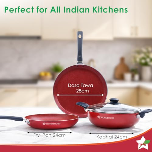 Wonderchef Valencia Non-Stick 4 Pc Cookware Set for Kitchen, Fry Pan 24cm, Kadhai with Glass Lid 24cm, Dosa Tawa 28cm, Non-Toxic PFOA Free, Gas Stove & Induction Friendly, 2-Yr Warranty, Red - Image 3