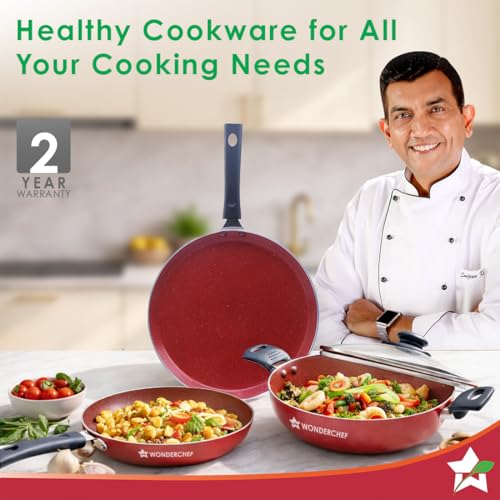 Wonderchef Valencia Non-Stick 4 Pc Cookware Set for Kitchen, Fry Pan 24cm, Kadhai with Glass Lid 24cm, Dosa Tawa 28cm, Non-Toxic PFOA Free, Gas Stove & Induction Friendly, 2-Yr Warranty, Red - Image 2