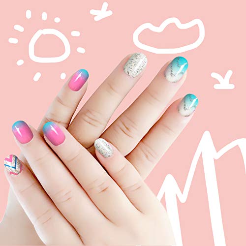 Laza 120pcs Children Nails Press On Pre-glue Full Cover Nail Tip Kit Glitter Gradient Color Rainbow Short Artificial False Nail Kits Lovely Christmas Gift for Children Kids Girls - Song of Summer - Image 4