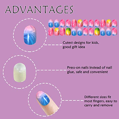 Laza 120pcs Children Nails Press On Pre-glue Full Cover Nail Tip Kit Glitter Gradient Color Rainbow Short Artificial False Nail Kits Lovely Christmas Gift for Children Kids Girls - Song of Summer - Image 5