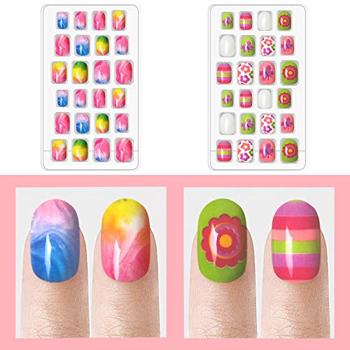 Laza 120pcs Children Nails Press On Pre-glue Full Cover Nail Tip Kit Glitter Gradient Color Rainbow Short Artificial False Nail Kits Lovely Christmas Gift for Children Kids Girls - Song of Summer - Image 2