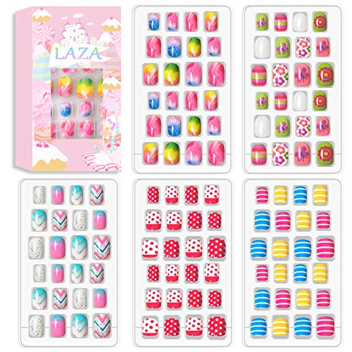 Laza 120pcs Children Nails Press On Pre-glue Full Cover Nail Tip Kit Glitter Gradient Color Rainbow Short Artificial False Nail Kits Lovely Christmas Gift for Children Kids Girls - Song of Summer - Image 1