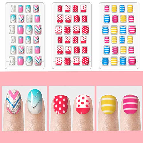Laza 120pcs Children Nails Press On Pre-glue Full Cover Nail Tip Kit Glitter Gradient Color Rainbow Short Artificial False Nail Kits Lovely Christmas Gift for Children Kids Girls - Song of Summer - Image 3
