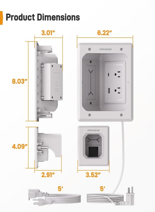 Perlegear Cord Hider for Wall Mount TV with AC Outlets, USB-A and USB-C Ports, in-Wall Cable Management Kit, Includes Drill Templates, Dust Bags, Drywall Saw, Extension Cord - Image 2